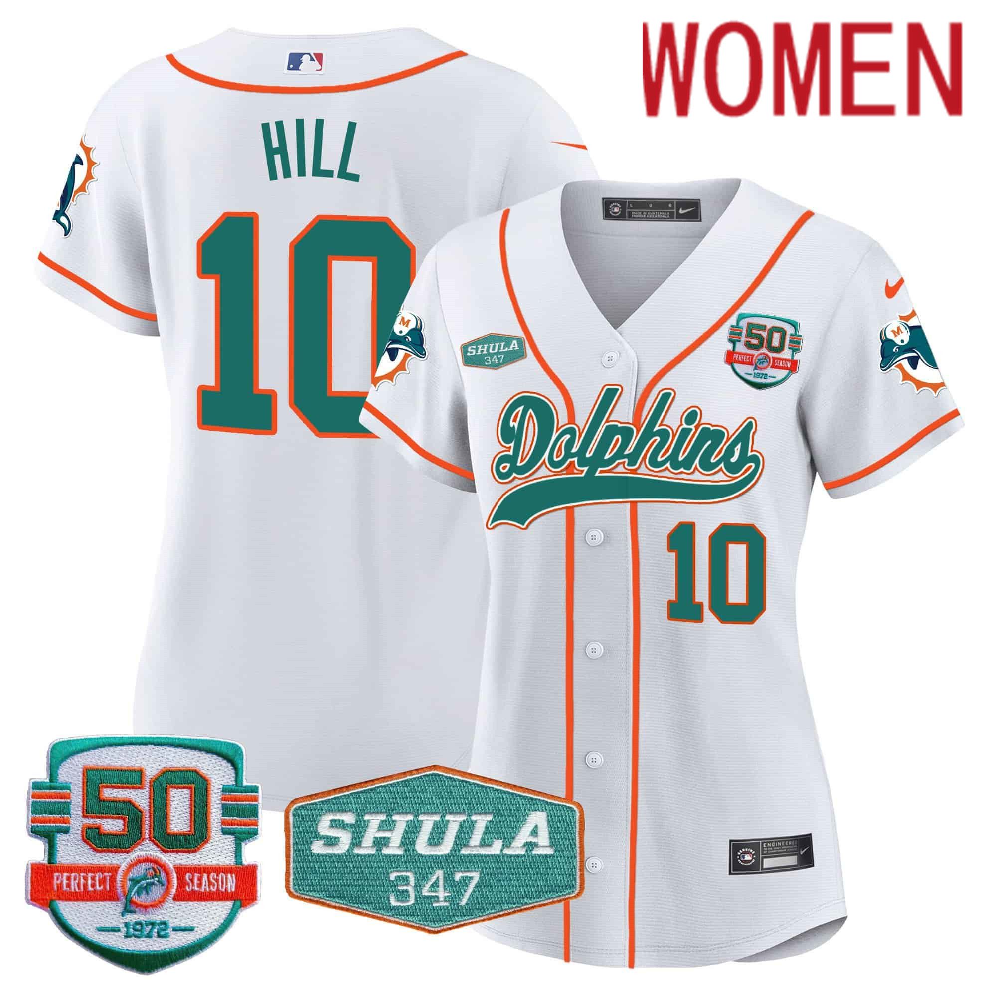 Women Miami Dolphins #10 Hill White 2024 Nike 50th Don Shula Memorial Patch Baseball NFL Jersey